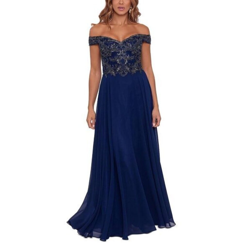 Xscape Women's Navy Off-Shoulder Beaded Formal Gown Size 10 – New With Tags